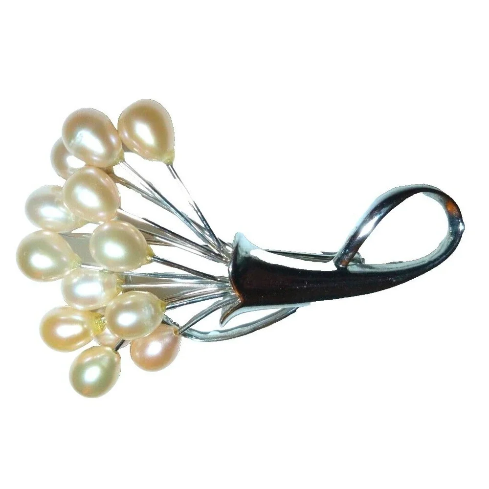 Vintage Silver Tone Faux Pearl Balloon Bouquet Brooch Pin Cream Teardrop Cluster